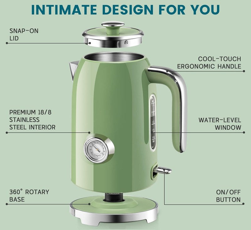 Electric Kettle 57Oz 1500W Stainless Steel Fast Boil w/ Thermometer Green2