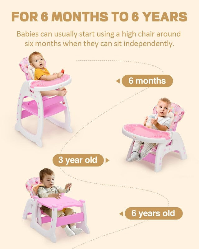 3 in 1 Convertible Baby High Chair Adjustable Toddler Chair Easy Clean Pink5