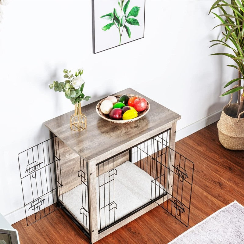 Dog Crate Furniture Table w/Cushion Wooden Kennel Double Door 27.2" Greige1