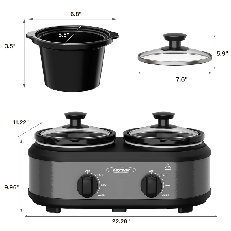 Small Double Slow Cooker, 2 Pot 1.25 Quart Oval Crock Food Warmer Buffet Server,1