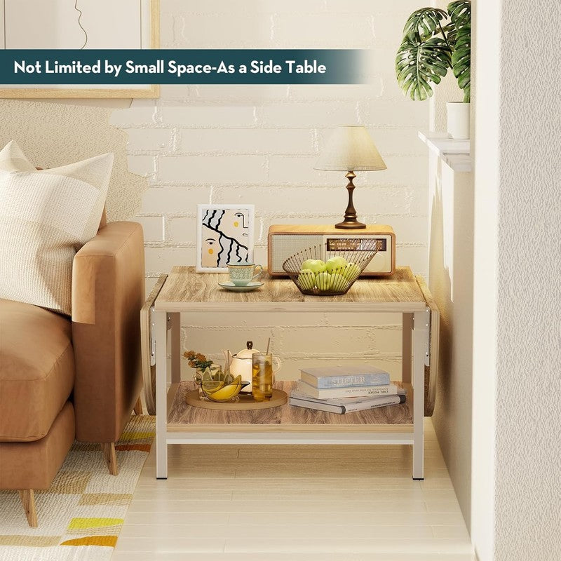 2 Tier Foldable Coffee Table, White & Oak, Modern Living Room Table4