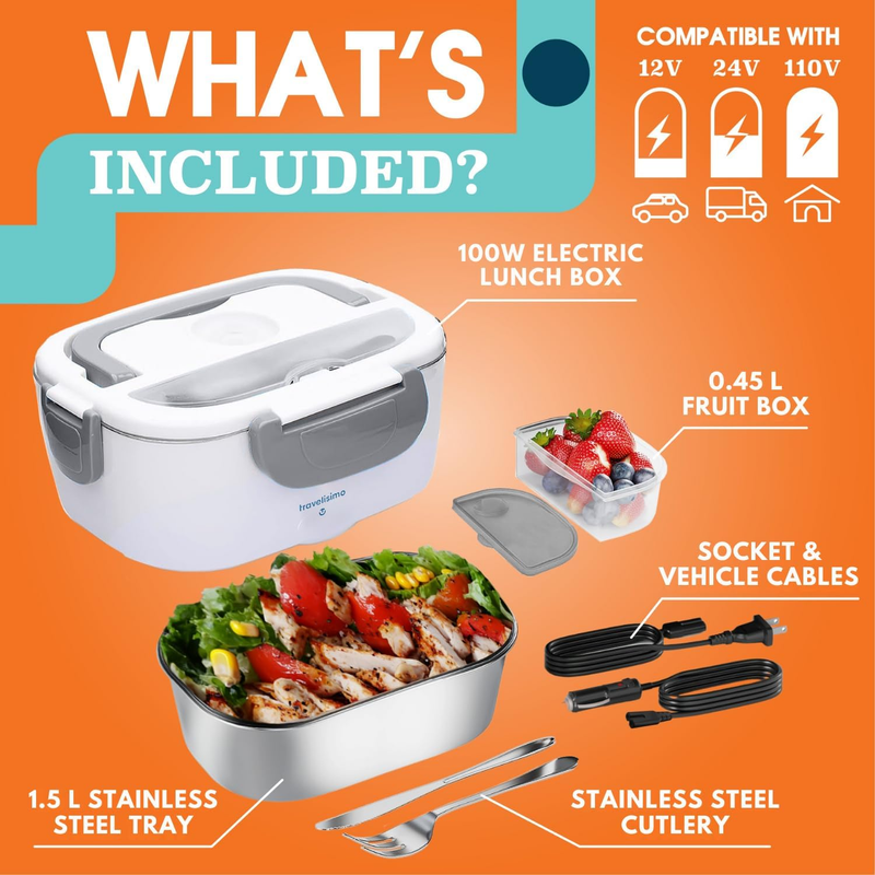 Electric Lunch Box 100W Food Warmer 1.5L Stainless Steel 12V/24V/110V4