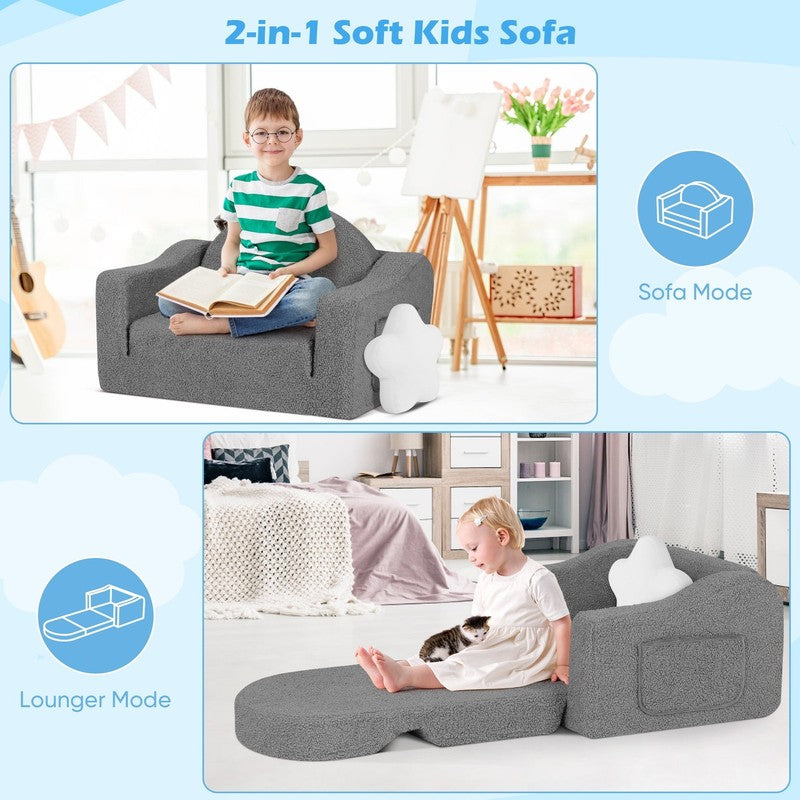 Kids 2 in 1 Toddler Couch Fold Out Soft Convertible Chair Deep Gray Unisex2