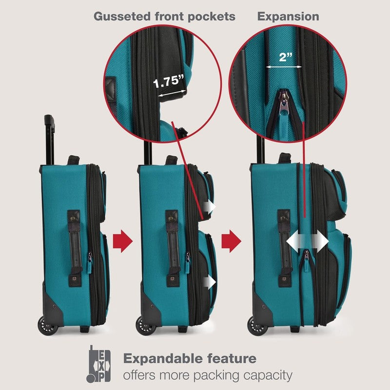 Rio Fabric Expandable Carry On Luggage, Rolling Suitcase, Teal, 2 Wheel Set4