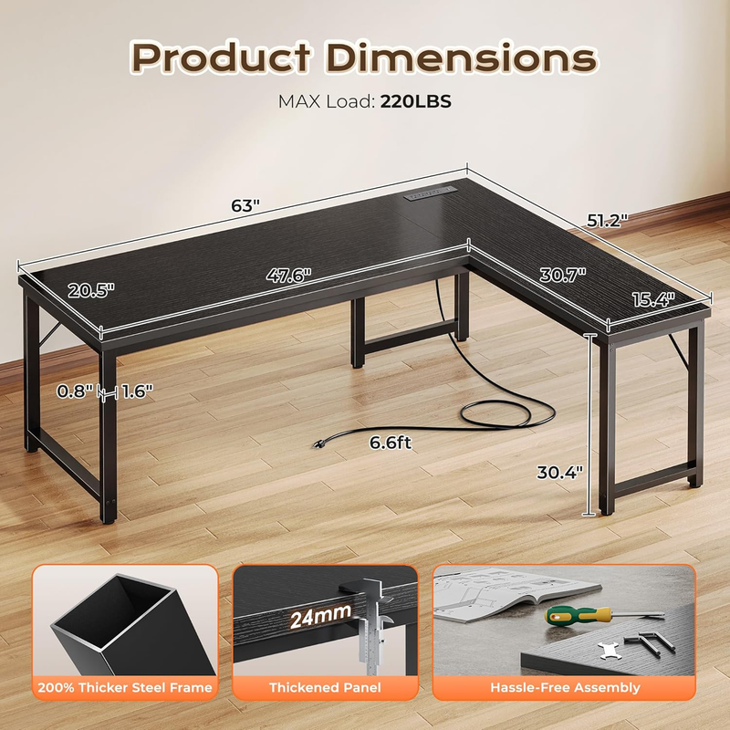63'' L Shaped Desk w/ Power Outlets USB C Reversible Corner Desk Black2