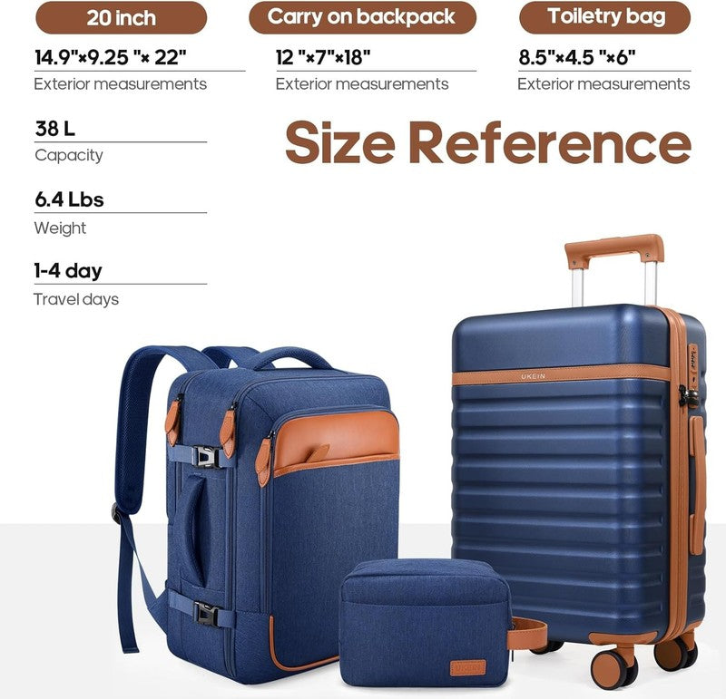 3 Piece Luggage Set 20" Carry On Spinner Hardside Suitcase w/ TSA Lock Blue6