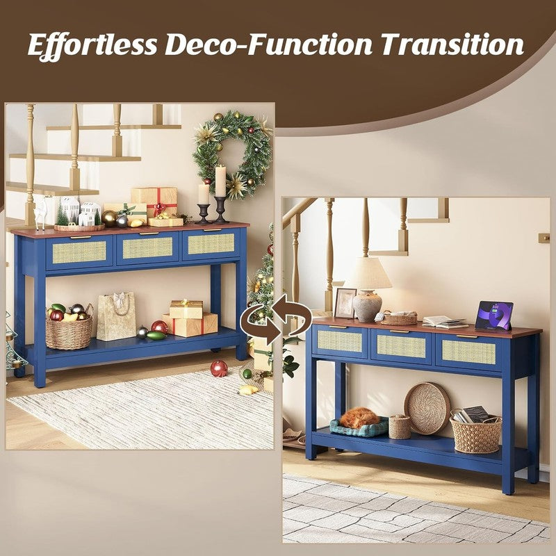 47'' Blue Entryway Console Table 3 Rattan Drawers Open Shelf Sofa Table5