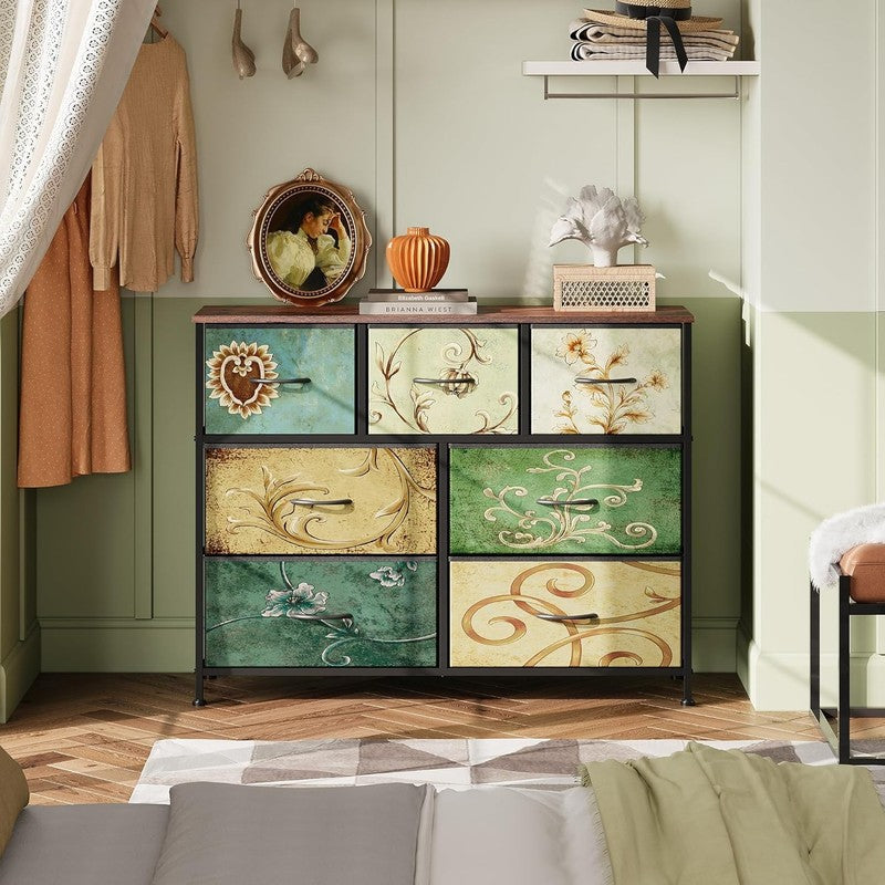7 Drawer TV Stand Dresser Floral Painted Metal Frame Wood Top Storage Chest1