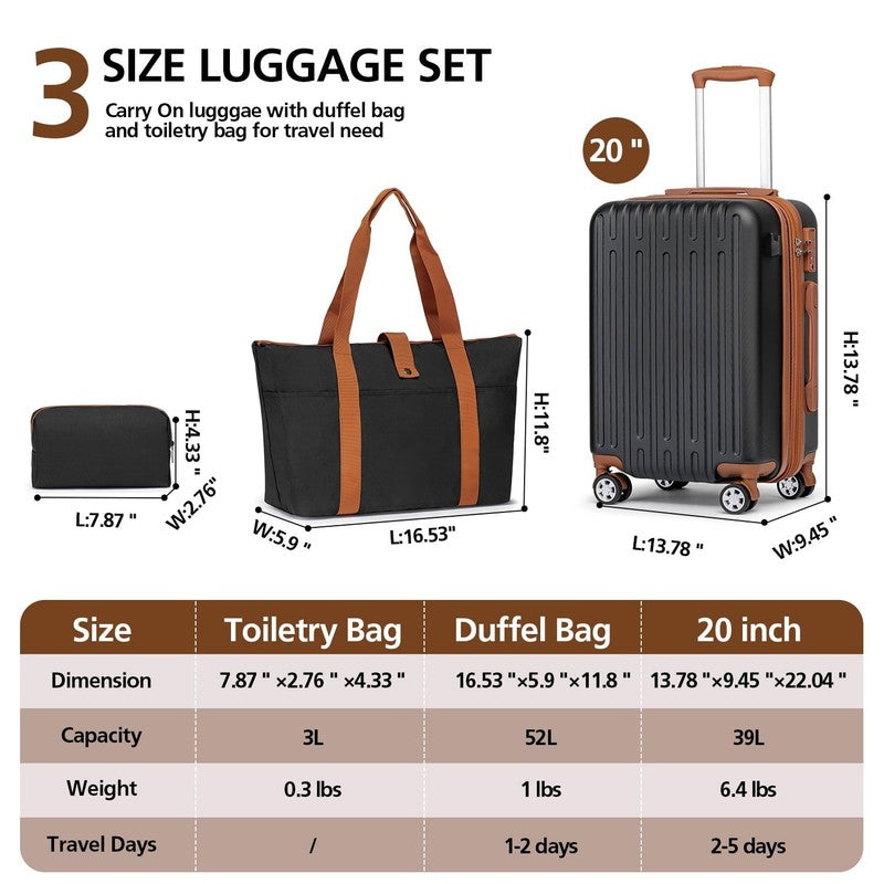3 Piece Hardside Carry On Luggage Set 20" TSA Lock Spinner Wheels Travel6