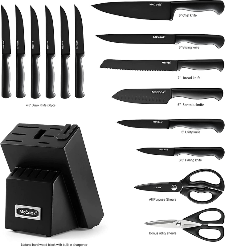   Knife Sets,German Stainless Steel Knife Block Sets with Built In Sharpener, Bl1