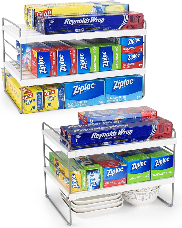 2 Pack Expandable Kitchen Wrap Organizer Rack, Height & Width Adjustable Aluminu0