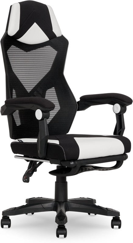 Gaming Office Chair with Extendable Leg Rest White Black Fabric Ergonomic0