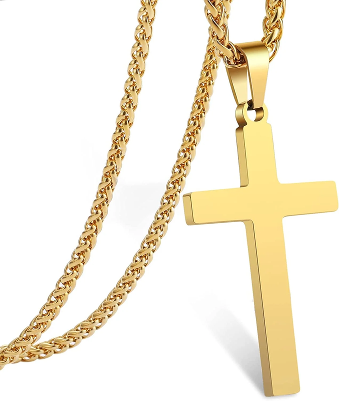 Gold Cross Necklace for Men Stainless Steel Christian Pendant Gift for Dad Teen0