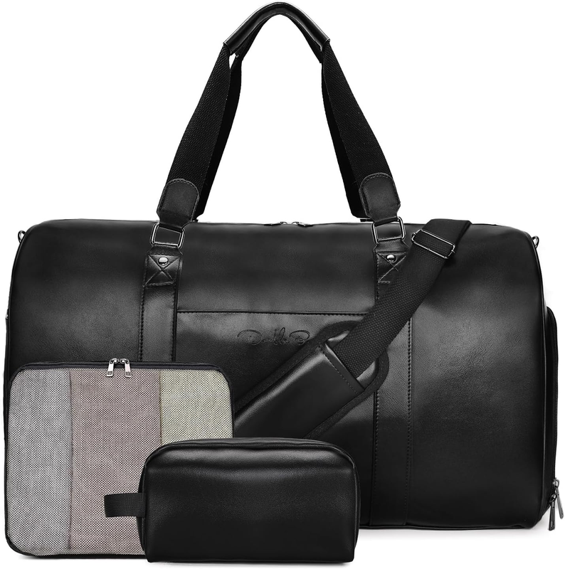 3 in 1 Leather Duffle Bag w/ Shoe & Toiletry Compartment Weekender Black8