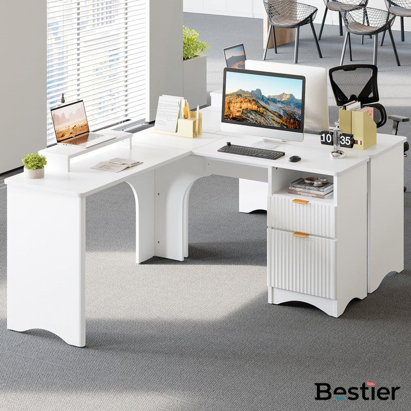 55" L-Shaped Desk with Drawers, Monitor Stand & Fluted Panels White8