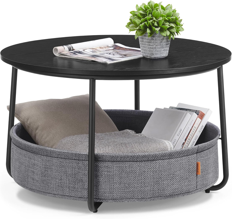 Round Coffee Table with Storage Basket, Metal Frame, Ebony Black & Slate Gray10