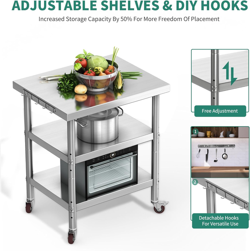 Stainless Steel Work Table 30x24 w/ Wheels 3 Shelf Prep Table2
