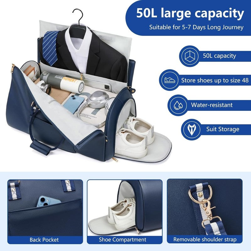 Men Leather 2in1 Garment Duffle Bag Blue Waterproof Suit Travel Carry On2