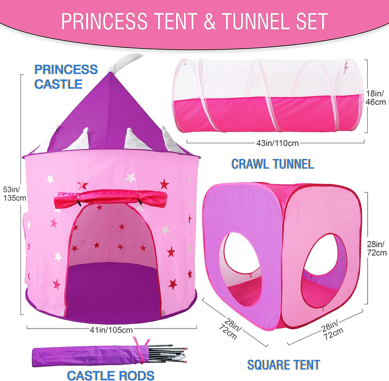 Princess Play Tent Castle Tunnel Set Glow in Dark Stars Girls Toy Gift1