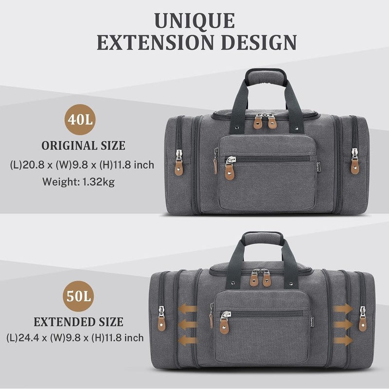 50L Canvas Duffle Bag Travel Expandable Weekend Overnight Duffel Men Gray4
