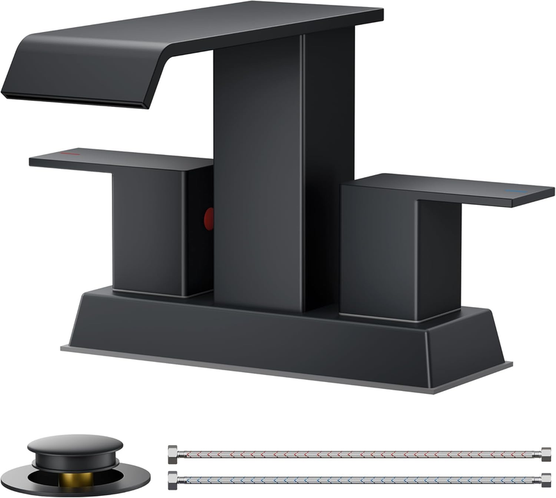 Square Waterfall Matte Black Bathroom Faucets 3 or 2 Hole for 4 Inch Centerset S9