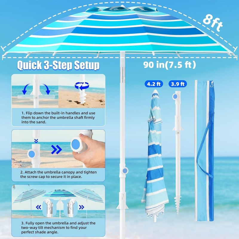 8FT Outdoor Beach Umbrella UPF50+ Waterproof Windproof Sun Shelter4