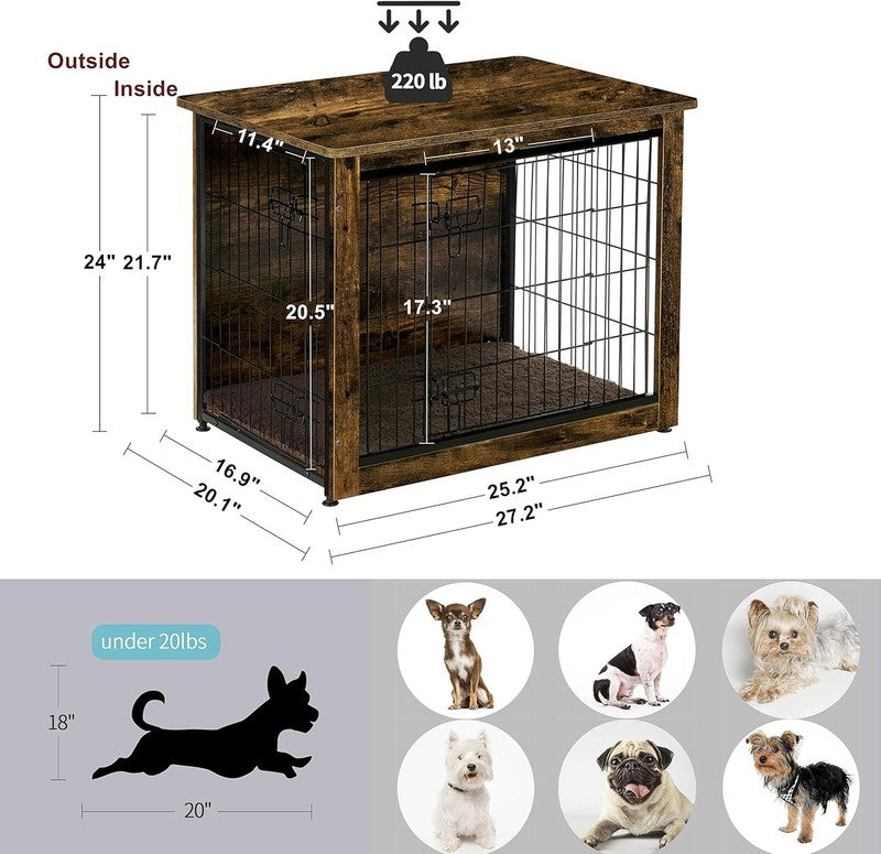 Dog Crate Furniture Table w/Cushion Wooden Kennel Double Door 27.2in Brown3