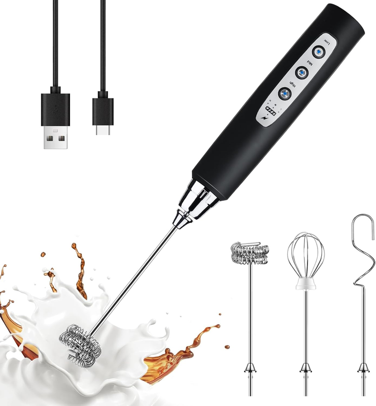 Milk Frother Handheld Black Rechargeable 3 Speed 3 Heads Coffee Whisk0