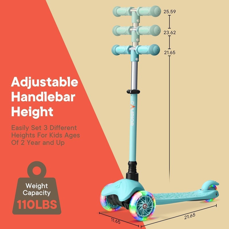 Kids 3 Wheel Scooter Lean to Steer LED Wheels Adjustable Handlebar Teal4