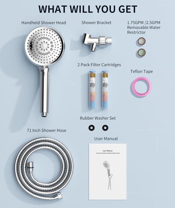Filtered Shower Head Handheld 10 Spray Modes High Pressure Chrome w/ 2 Filters8