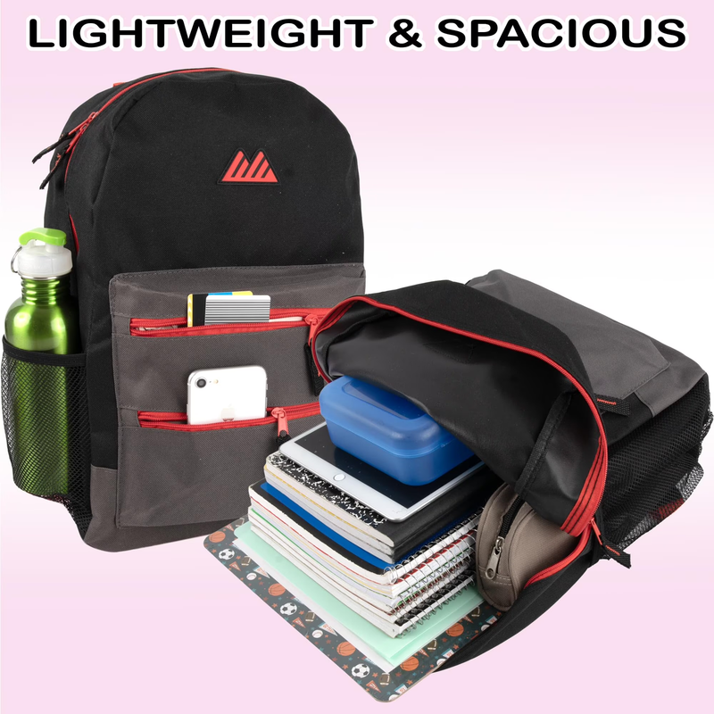 Black Red Multipocket Backpack 17" Travel School Commuter1