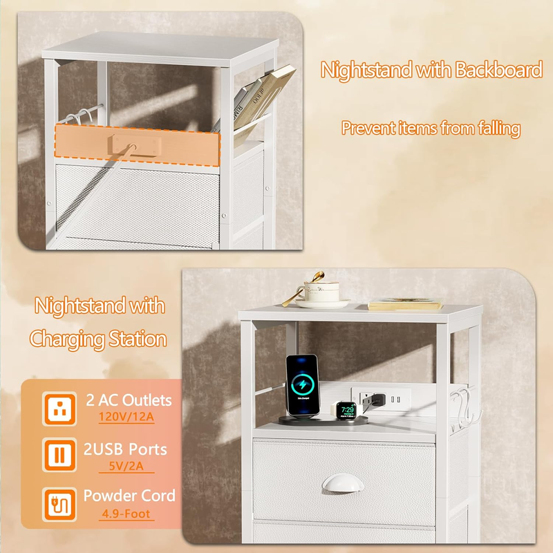 End Table with Charging Station, Nightstand with Fabric Drawers, Side Tables wit4