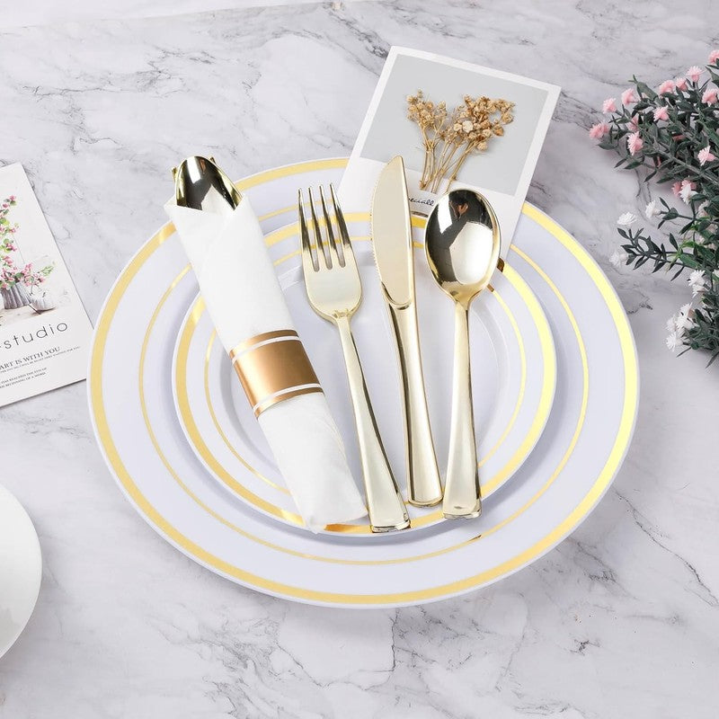 350PCS Gold Plastic Dinnerware Set, Disposable Party Plates for 50 Guests, Inclu0