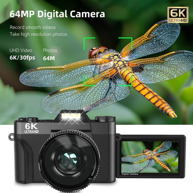 6K Digital Camera 64MP Vlogging WiFi 180° Flip Screen 16X Zoom 32GB Black1
