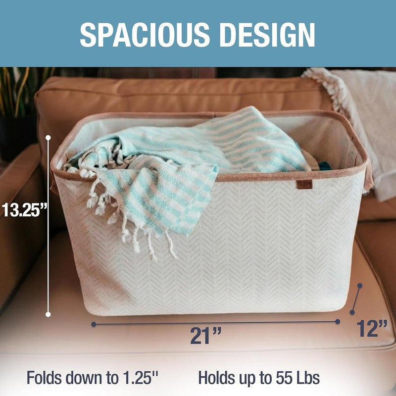 Collapsible Laundry Basket Hamper 2-Pack 60L Luxe Cream Herringbone Foldable2