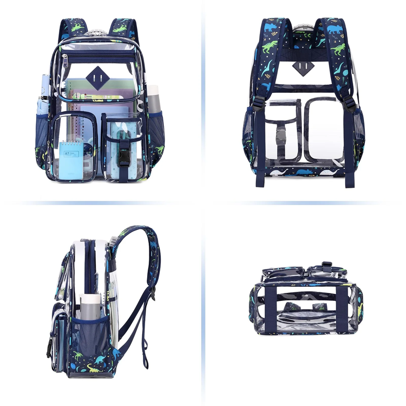 Large Clear Book Bag Waterproof See Through Backpack Navy Dinosaur6