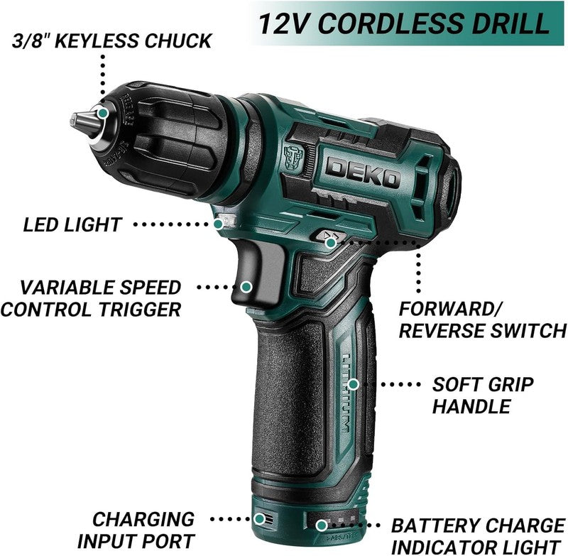 12V Cordless Drill Tool Kit Green Home Repair Hand Toolbox Mechanic Set4
