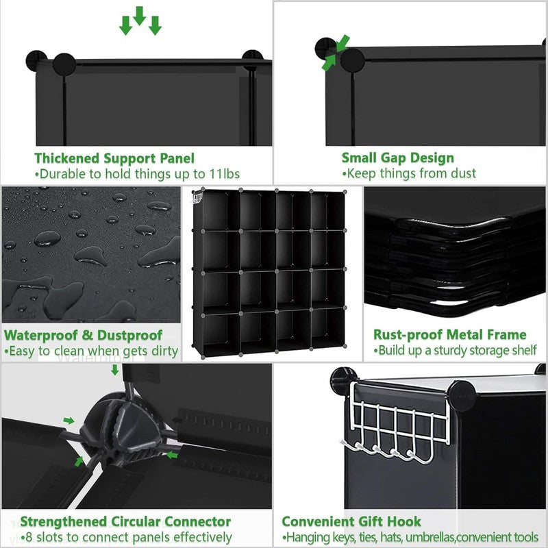 16 Cube Storage Organizer, Modular Plastic Closet Shelve Unit, Black 48.4"x48.4"5