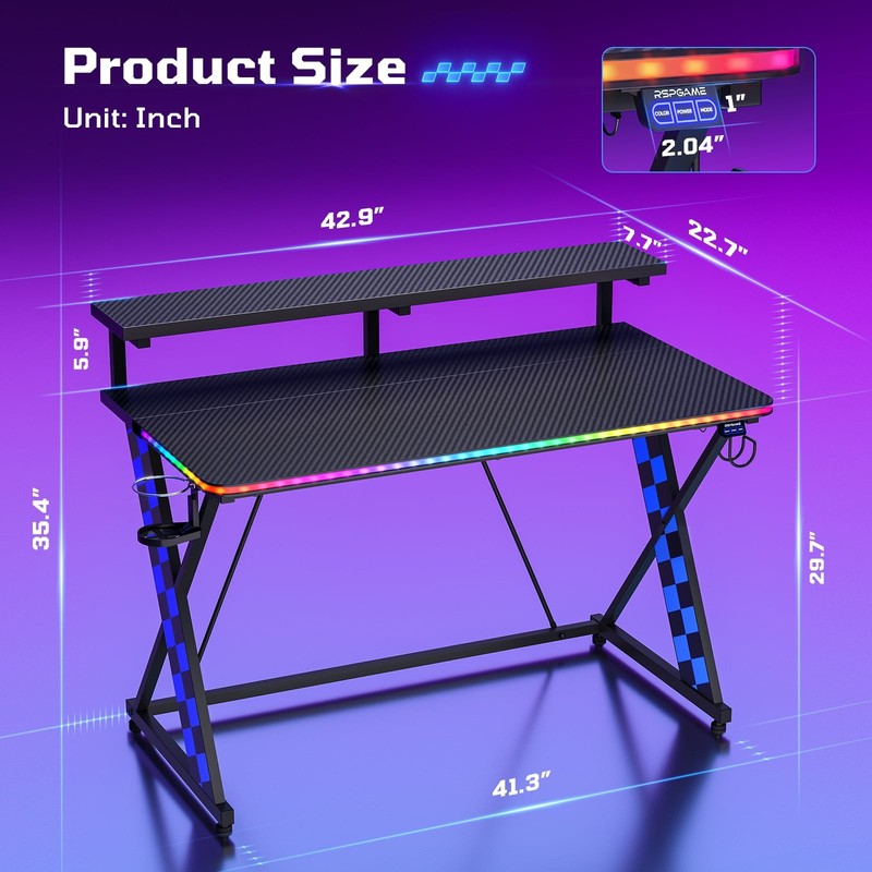 43" X-Shaped Gaming Desk with Music Sync LED, Monitor Stand Black Racing7