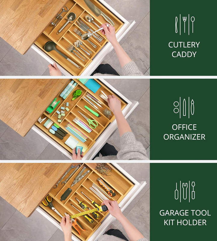 Bamboo Kitchen Drawer Organizer 9 Slot Silverware Cutlery Tray Natural6