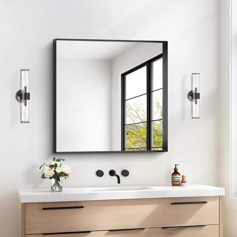 Black Bathroom Mirror, 30X30 Inch Rectangular Framed Mirror, Large Wall Mounted 1