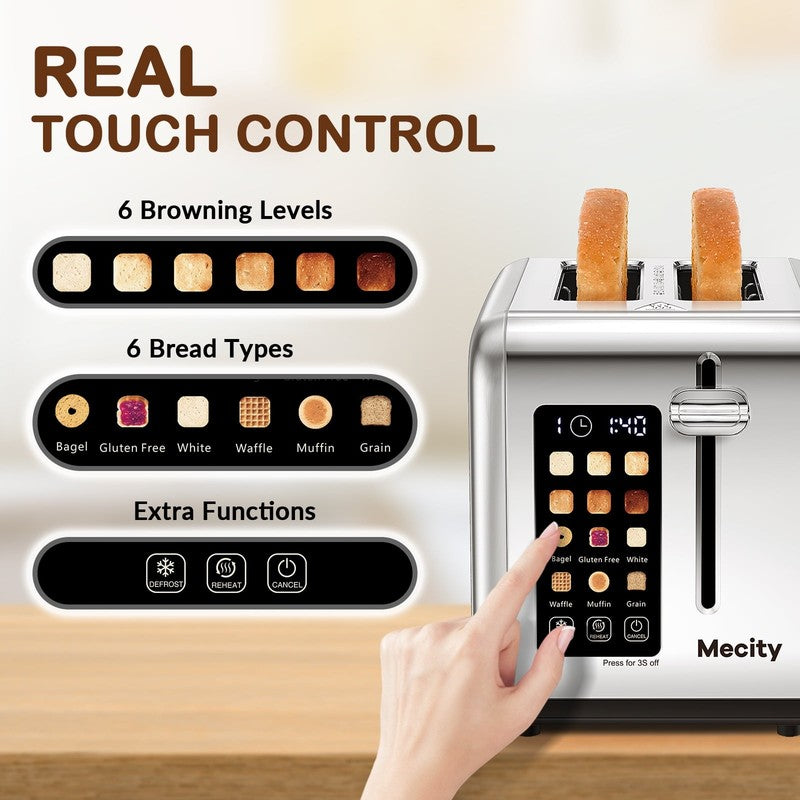 2 Slice Touchscreen Toaster, Stainless Steel, 6 Shade Settings, Reheat, Cancel, 1