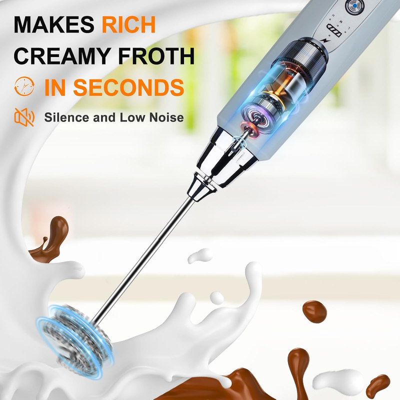 Milk Frother Handheld Cement Gray Rechargeable 3 Speed 3 Heads Whisk5