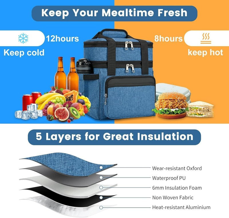 Insulated Lunch Bag & Box 15L Double Deck Reusable Cooler Tote Leakproof Blue5