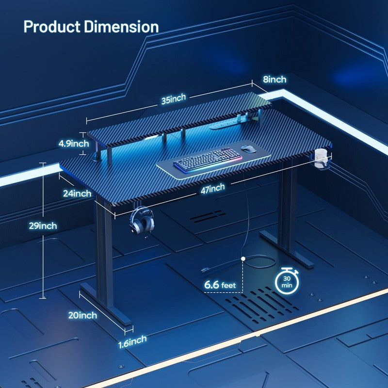 47" Gaming Desk w/ LED Lights & Power Outlet Computer Desk w/ Monitor Stand2