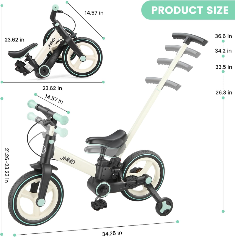 6-in-1 Toddler Bike 12" Balance Bike Push Handle Training Wheels Kids7