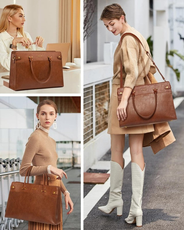 15.6" Laptop Tote Bag for Women Vintage Leather Waterproof Briefcase Brown5