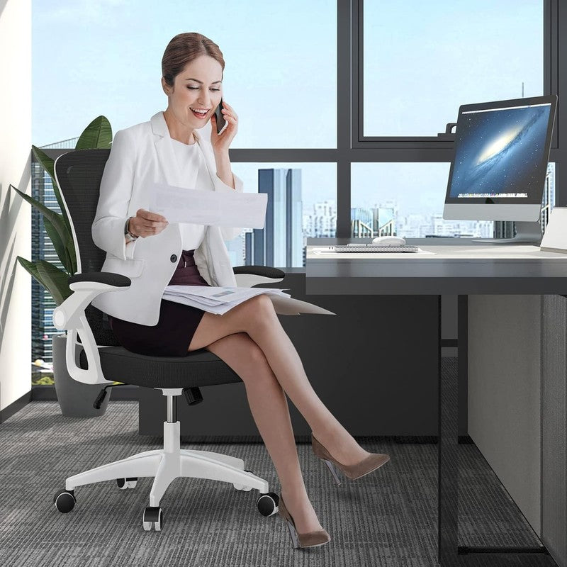 Ergonomic Mesh Office Chair Mid Back Desk Chair Flip Up Arms White1