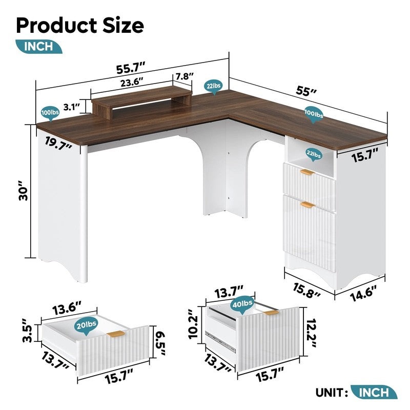 55" L-Shaped Desk with Drawers, Monitor Stand & Fluted Panels White/Walnut6