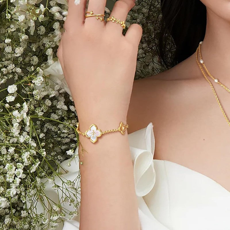 14K Gold Plated Pearl Clover Bracelet Women 2-Sided Flower Charm1